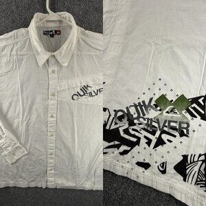 Quiksilver Cotton Graphic Print Large White Skate Button Up Men Shirt Pocket
